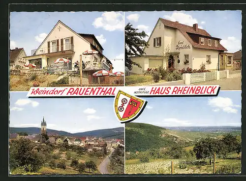 AK Rauenthal /Rhg., Ortsansicht und Weinberg sowie zwei Ansichten von Cafè-Weinstube Haus Rheinblick