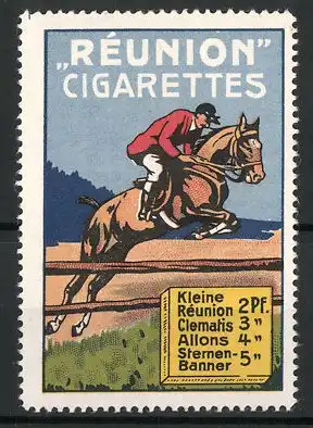 Reklamemarke Réunion Cigarettes, Jockey mit Pferd beim Hindernissreiten
