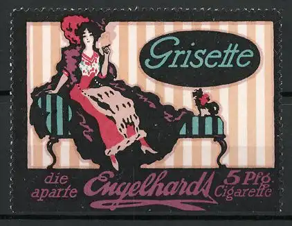 Reklamemarke Grisette ist die aparte Cigarette der Firma Engelhardt, Fräulein raucht eine Zigarette