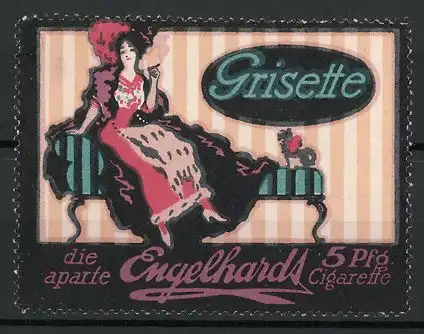 Reklamemarke Grisette ist die aparte Cigarette der Firma Engelhardt, Fräulein raucht eine Zigarette