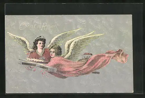 AK Weihnachtsgruss, Christ is Risen, Weihnachtsengel tragen ein Kreuz durch die Lüfte