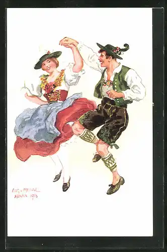 Künstler-AK sign. Aug. v. Meissl: Tanzendes Paar in Tracht