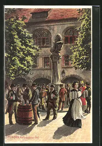 Künstler-AK München, Aussenbereich vom Münchner Hofbräuhaus