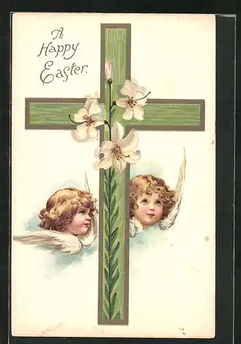Künstler-AK Ostergruss mit Osterengel und Kreuz