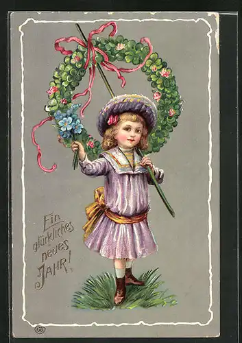 AK Neujahrsgruss mit Mädchen und Blumenkranz