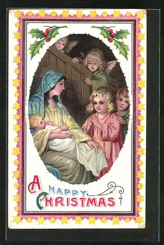 AK Weihnachtsengel besuchen Maria und Jesuskind