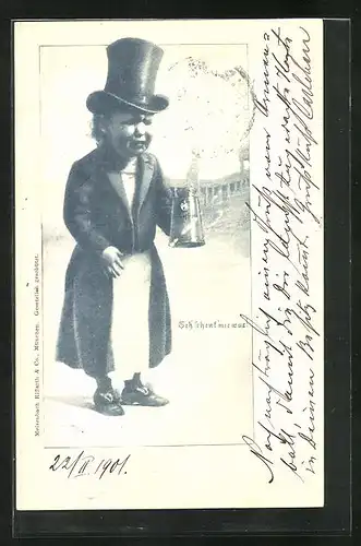AK München, Kind beim Armen-Ball mit Bierkrug und Zylinder 1901