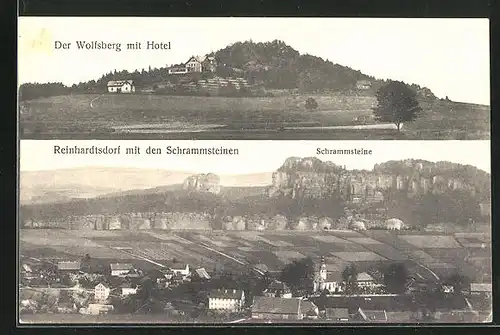 AK Reinhardtsdorf, Wolfsberg mit Hotel, Totalansicht mit Schrammsteinen