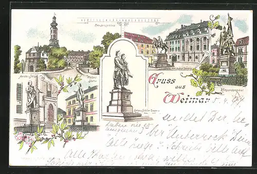 Lithographie Weimar, Karl August Denkmal, Residenzschloss und Wieland Statue