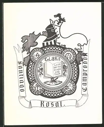 Exlibris santiago Rosal, Camprodon, Wappen mit Buch und Amboss