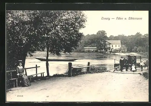 AK Coswig, Fähre und Elbterrasse