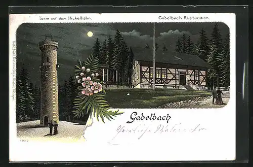 Lithographie Ilmenau, Restaurant Gabelbach und Turm auf dem Kickelhahn