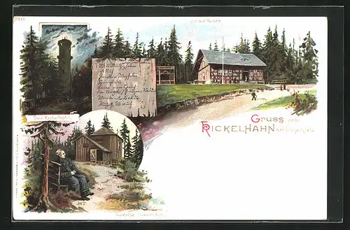 Lithographie Ilmenau, Gabelbach-Gasthaus, Kickelhahn-Turm