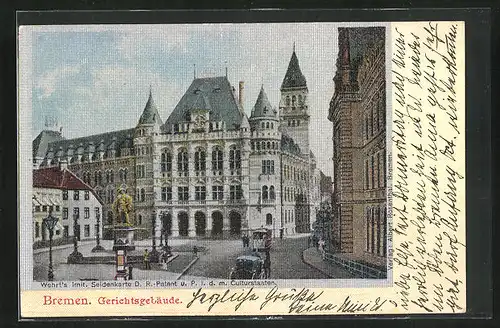 Seiden-Imitations-AK Bremen, Gerichtsgebäude mit Denkmal