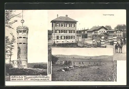 AK Münsingen, Truppenübungsplatz, Turm Falkenhausen, Lagereingang, Ortspartie