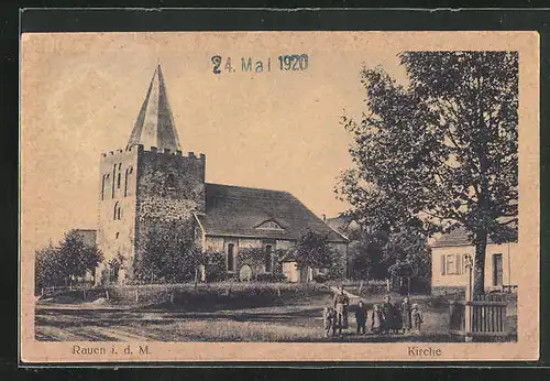 AK Rauen i. d. M., Kirche und Frau mit Kindern