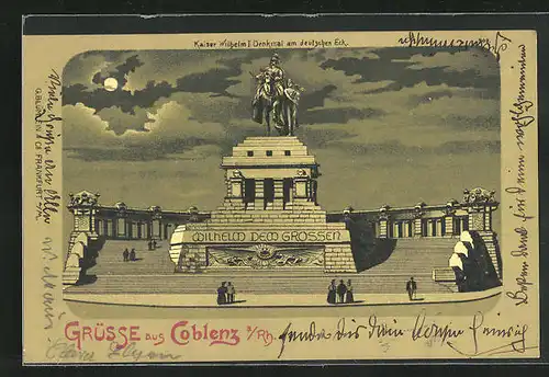 Mondschein-Lithographie Coblenz, Kaiser Wilhelm I. Denkmal am deutschen Eck