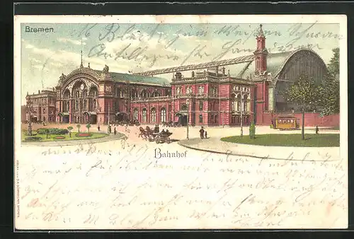 Lithographie Bremen, Bahnhof mit Vorplatz