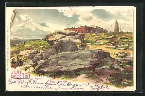 Künstler-AK Erwin Spindler: Brocken, Aussichtsturm, Teufelskanzel