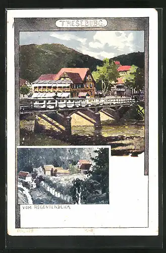 Künstler-AK H. Bahndorf: Treseburg, Ortsansicht mit Brücke und Fluss