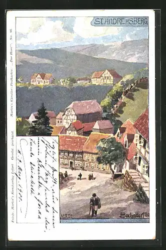 Künstler-AK H. Bahndorf: St. Andreasberg, Ortsansicht aus der Vogelschau