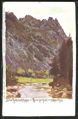 Künstler-AK Carl Biese: Oker, Romkerhall / Okertal, Die Rabowklippe mit Fluss