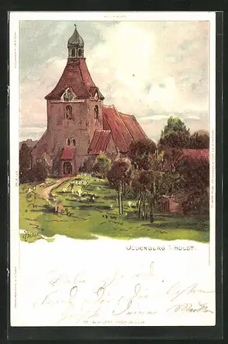 Künstler-AK Carl Biese: Oldenburg / Holstein, Kirche aus der Vogelschau