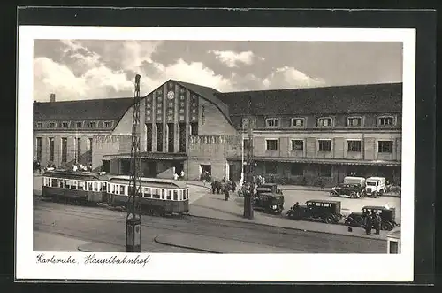 AK Karlsruhe, Hauptbahnhof mit Strassenbahn