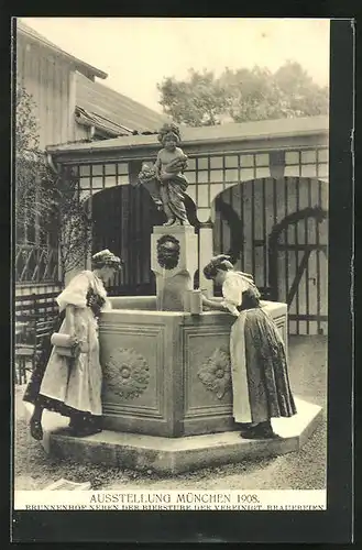 AK München, Ausstellung 1908, Brunnenhof neben der Bierstube der verinigten Brauerein