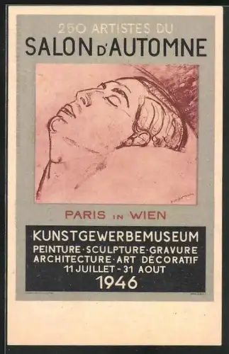 AK Wien, 250 Artistes du Salon d`Automne 1946, Mann liegt auf einem Kissen