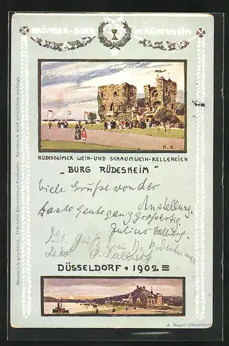 AK Düsseldorf, Ausstellung 1902, Rüdesheimer Wein-u. Schaumwein-Kellerein, Burg Rüdesheim