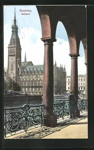 AK Hamburg, Blick von den Alsterarkaden zum Rathaus