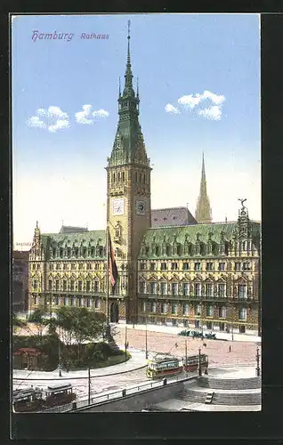 AK Hamburg, Rathaus, Strassenbahn