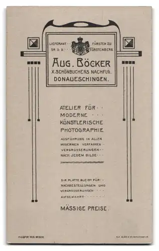 Fotografie Aug. Böcker, Donaueschingen, Portrait älterer Herr im Anzug mit Oberlippenbart