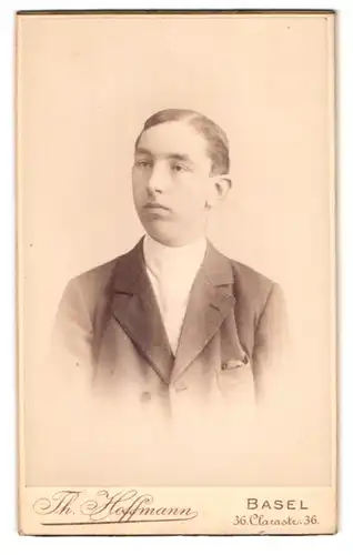 Fotografie Th. Hoffmann, Basel, Clarastrasse 36, Portrait junger Herr im Anzug mit Krawatte