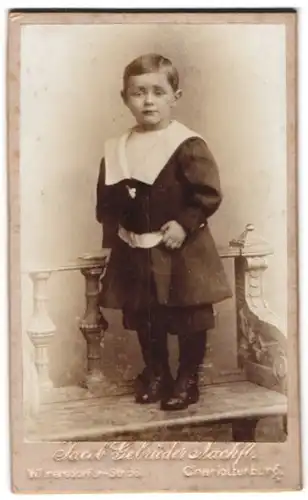 Fotografie Jacob Gebrüder, Charlottenburg, Wilmersdorfer Strasse 56, kleiner Junge stehend auf einer Bank