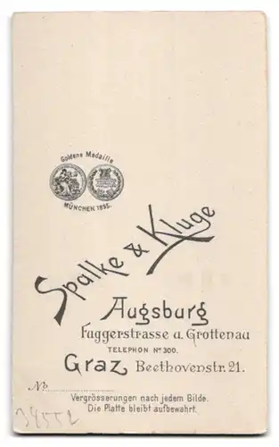 Fotografie Spalke & Kluge, Augsburg, Fuggerstrasse a. Grottenau, junge Dame mit hochgestecktem Haar