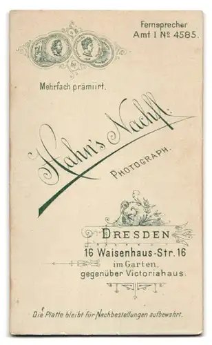 Fotografie Hahn`s Nachf., Dresden, Waisenhaus Strasse 16, elegantes Paar, Mann mit Schnauzbart