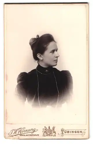 Fotografie J.W. Hornung, Tübingen, Uhland-Strasse 11, junge Dame in samtenem Puffärmelkleid