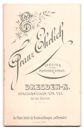 Fotografie Franz Ehrlich, Dresden-N., Königsbrückerstr. 105, Portrait Soldat, Degen mit Portepee