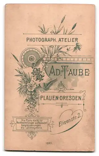 Fotografie Ad. Taube, Plauen-Dresden, Elisenstr. 2, Portrait Kleinkind im im Sessel sitzend