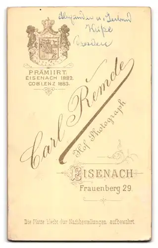 Fotografie C. Remde, Eisenach, Frauenberg 29, Portrait Geschwisterpaar in hübschen Kleidern
