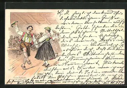 Lithographie Tiroler Paar beim Tanz