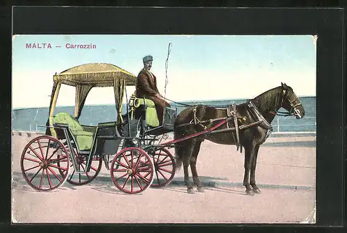 AK Malta, Carrozin, Kutsche am Meer