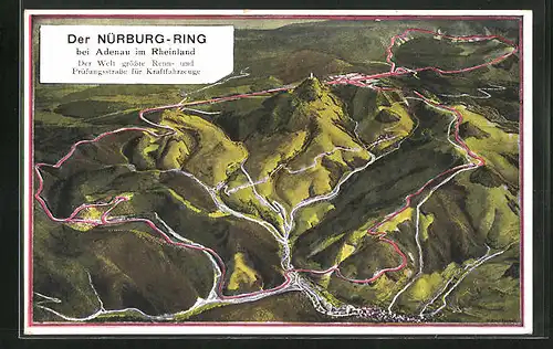 Künstler-AK Adenau /Rheinland, Nürburg-Ring, Panorama mit Rennstrecke