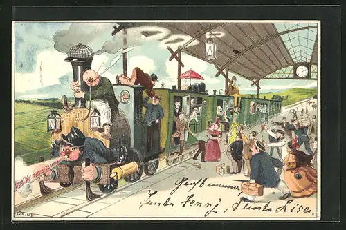 Künstler-AK Hektisches Treiben am Bahnhof