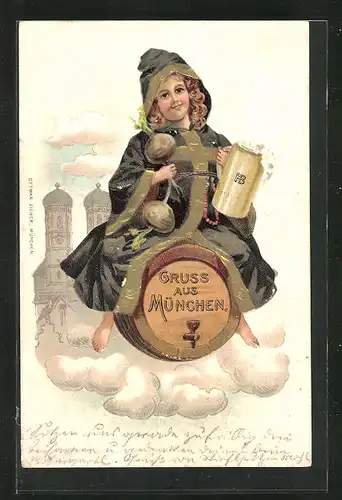 Präge-Lithographie Münchner Kindl fliegt auf Bierfass davon