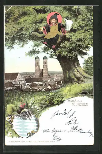 AK München, Münchner Kindl auf einem Baum, Blick zur Frauenkirche
