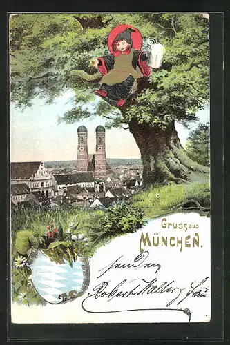 AK München, Münchner Kindl schaut von einem Baum auf die Stadt