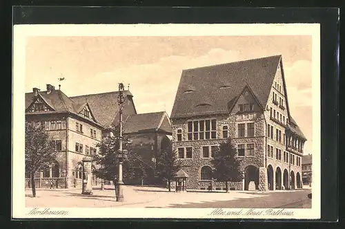 AK Nordhausen, Altes und Neues Rathaus mit Litfasssäule